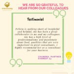 Graphic testimonial from "Chandra, partner at Everest 23" praising "Felicia" for her high level of professionalism and effectiveness in managing the SQF program as a consultant, set against a