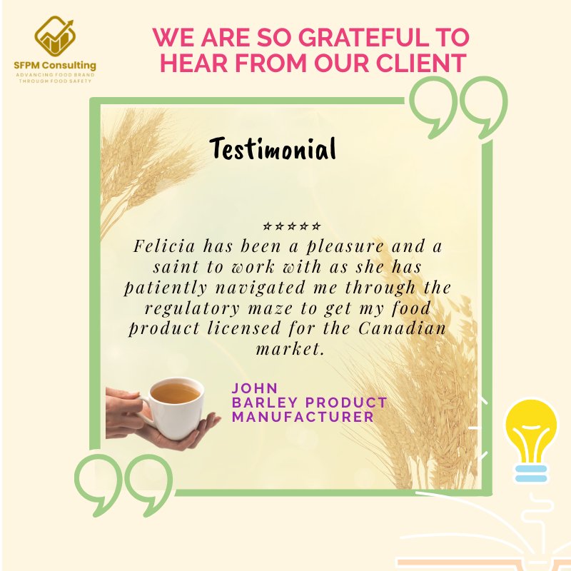 Marketing graphic featuring a client testimonial for SQF program consulting, with quotes and decorative elements like wheat and a coffee cup.