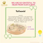 Graphic featuring a client testimonial from "gly foods" for SFPM Consulting, including a quote about professionalism and detailed solutions for the SQF program, complemented by an image of raw fish in a