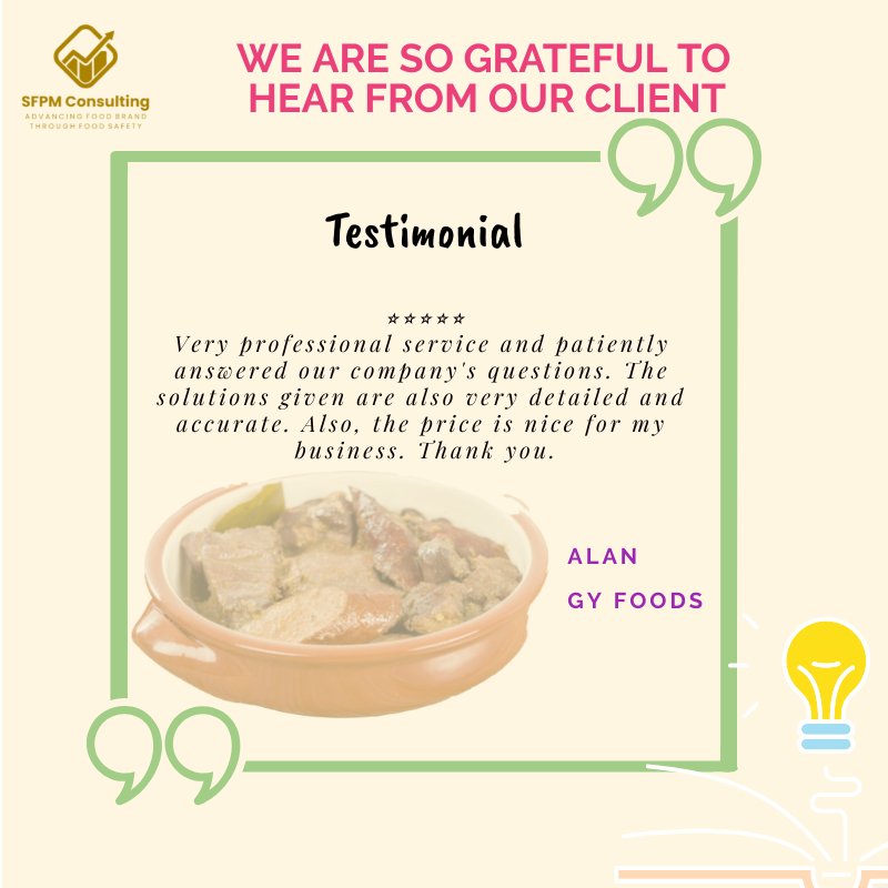 Graphic featuring a client testimonial from "gly foods" for SFPM Consulting, including a quote about professionalism and detailed solutions for the SQF program, complemented by an image of raw fish in a