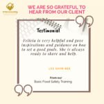 A promotional image featuring a client testimonial for SFPM Consulting, praising Felicia's helpfulness and guidance in basic food safety training with the SQF program.