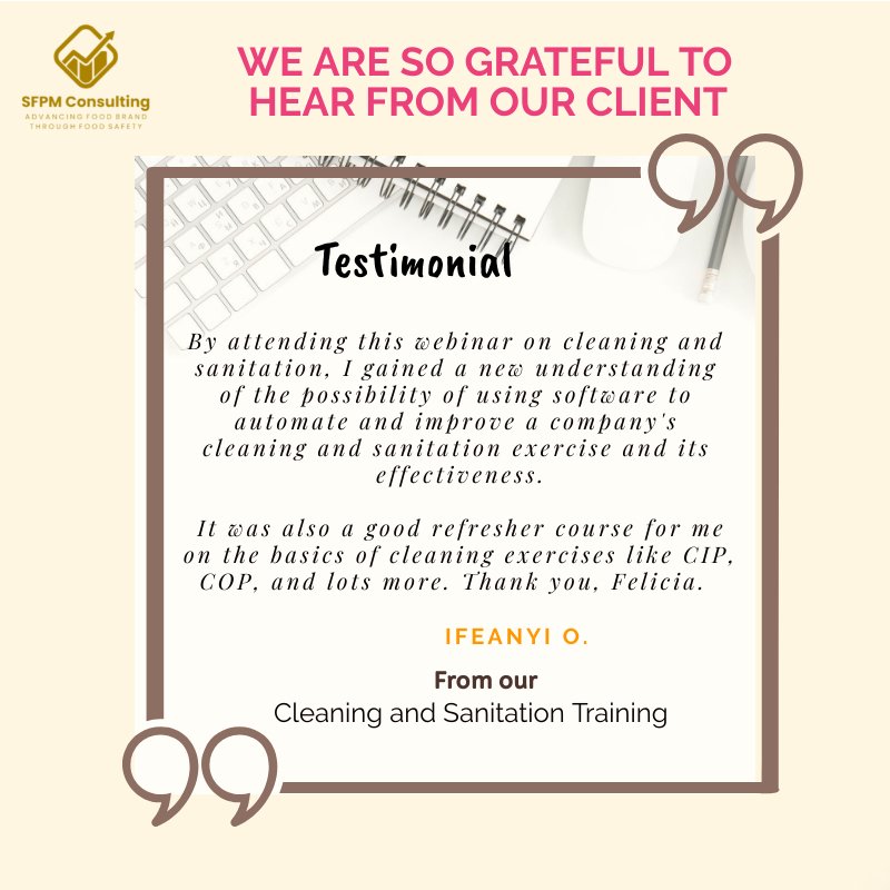 An image of a testimonial from Ifeanyi O., expressing gratitude for a webinar on software efficiency related to the SQF program, hosted by SFPM Consulting. The background is beige with black
