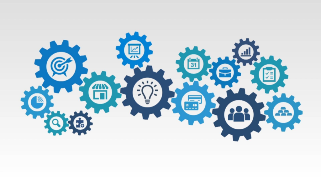 Illustration of interconnected blue and gray gears with various business and technology icons, representing a network of integrated SQF program processes or systems.