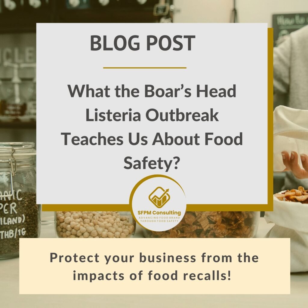 Blog post titled "What the Boar's Head Listeria Outbreak Teaches Us About Food Safety?" with a subtext about protecting businesses from the impacts of food recalls. Background shows jars of food items and highlights preventing foodborne illnesses through improved food facility safety.