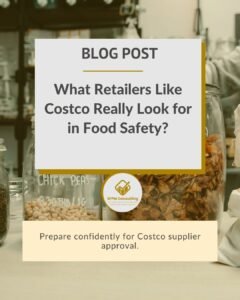 A blog post image titled "What Retailers Like Costco Really Look for in Food Safety?" featuring jars of food and text highlighting the importance of SQF certification for Costco supplier approval.