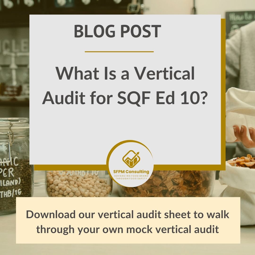 A blog post title reads “What Is a Vertical Audit for SQF Ed 10?” with a prompt to download an SQF Edition 10 vertical audit sheet from SFPM Consulting.