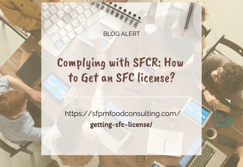 Top view of a business meeting with people around a table, discussing an SQF program titled "Complying with SFC: How to Get an SFC License?" on a laptop screen.