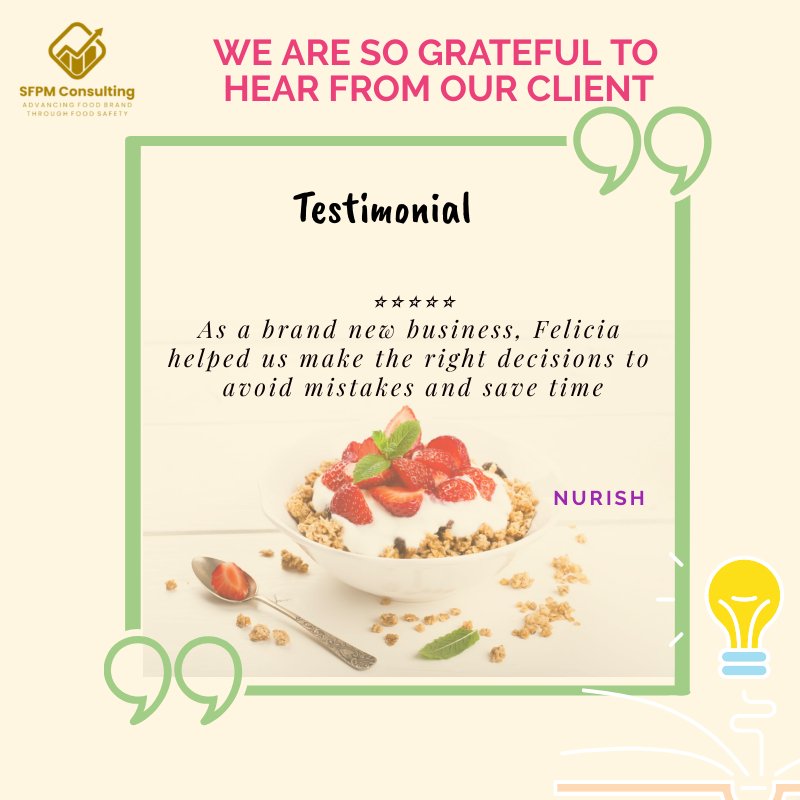 Promotional image featuring a client testimonial for SQF Audit consulting, with a bowl of oatmeal and strawberries, against a beige background with green accents and icons.