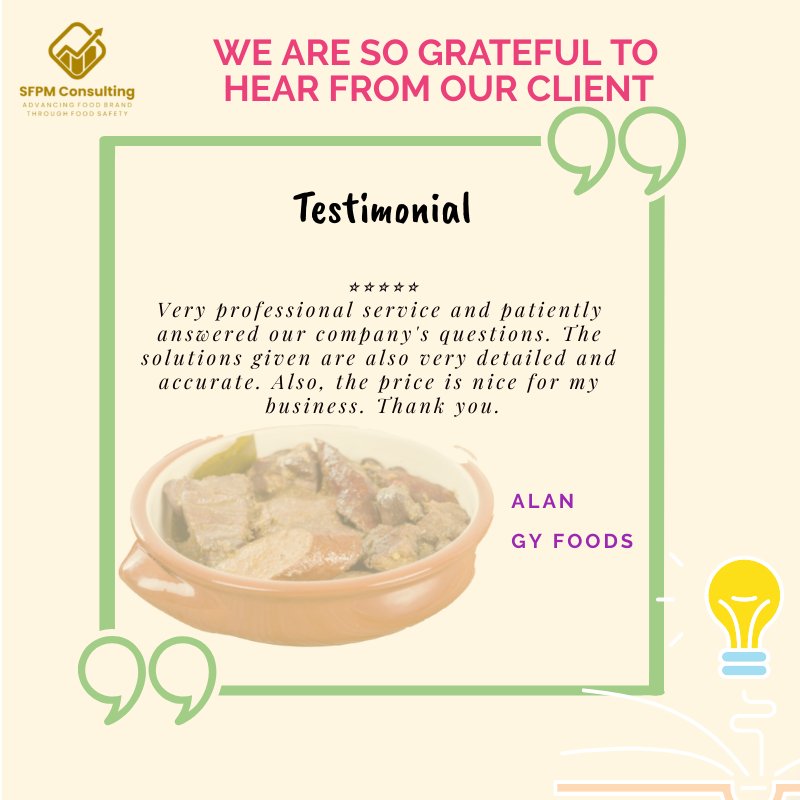 Graphic featuring a client testimonial from "gly foods" for SFPM Consulting, including a quote about professionalism and detailed solutions for the SQF program, complemented by an image of raw fish in a