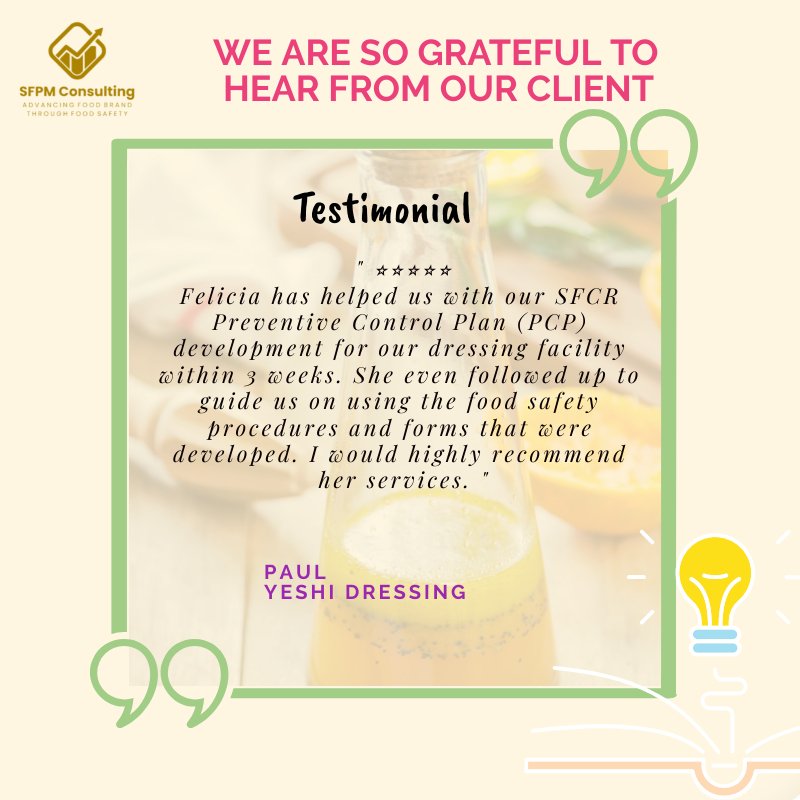 An advertisement by SFPM Consulting featuring a testimonial from Yesil Dressing about their SQF program, with a five-star rating and positive review highlighted.