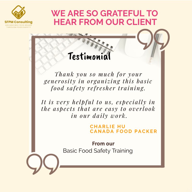 Image of a testimonial on a clipboard with text expressing gratitude for an SQF audit training course, attributed to Charlie Hu from Canada Food Packer. Background includes a pen and plant.
